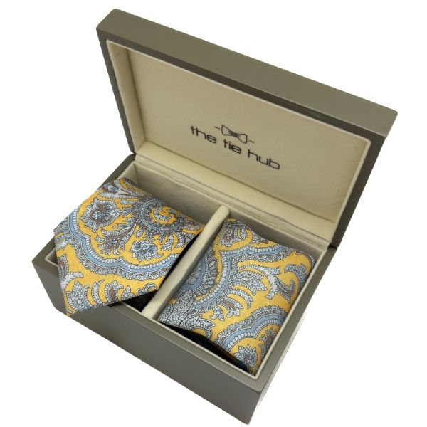 Yellow Paisley Italian Silk Necktie and Pocket Square Set Gift Set for Men