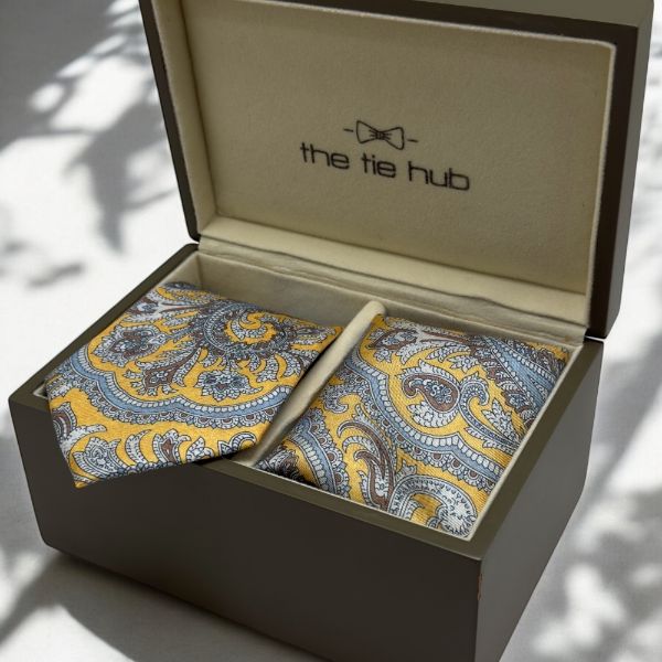 Yellow Paisley Italian Silk Necktie and Pocket Square Set Gift Set for Men