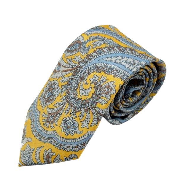 Yellow Paisley Italian Silk Necktie and Pocket Square Set Gift Set for Men