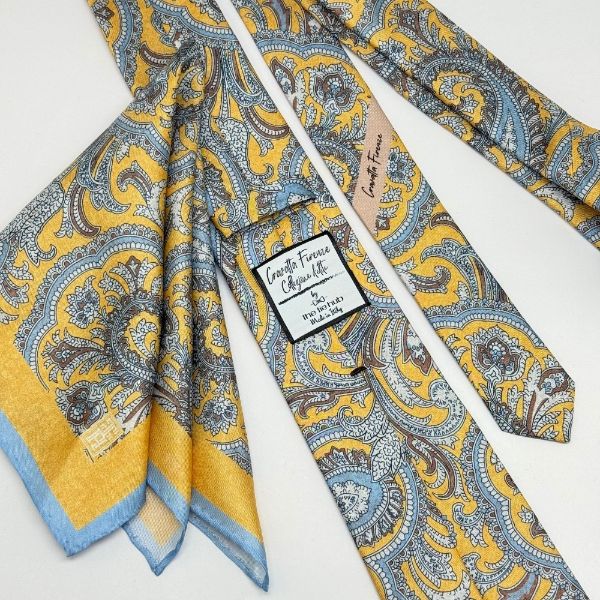 Yellow Paisley Italian Silk Necktie and Pocket Square Set Gift Set for Men
