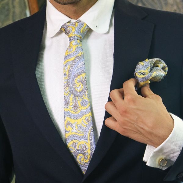 Yellow Paisley Italian Silk Necktie and Pocket Square Set Gift Set for Men