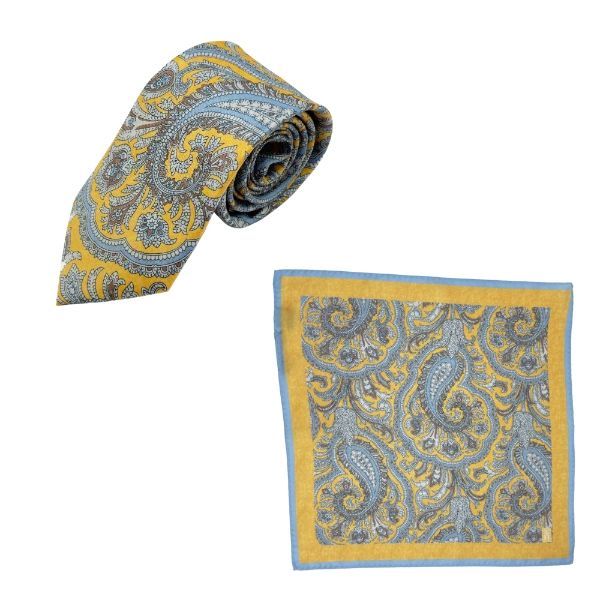 Yellow Paisley Italian Silk Necktie and Pocket Square Set Gift Set for Men