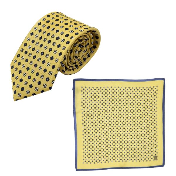 Yellow Geometric Italian Silk Necktie and Pocket Square Set Gift Set for Men