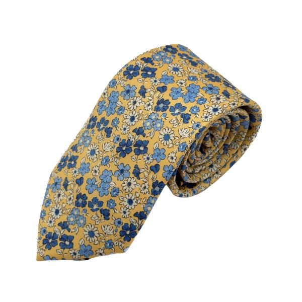Yellow Floral Print Italian Silk Necktie and Pocket Square Set Gift Set for Men