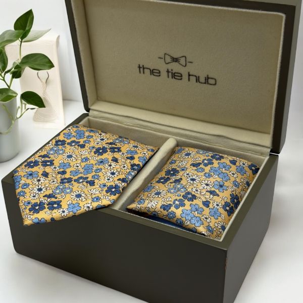 Yellow Floral Print Italian Silk Necktie and Pocket Square Set Gift Set for Men