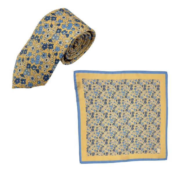 Yellow Floral Print Italian Silk Necktie and Pocket Square Set Gift Set for Men