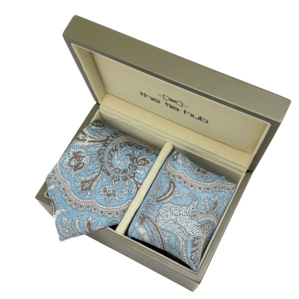 Light Blue Paisley Italian Silk Necktie and Pocket Square Set Gift Set for Men
