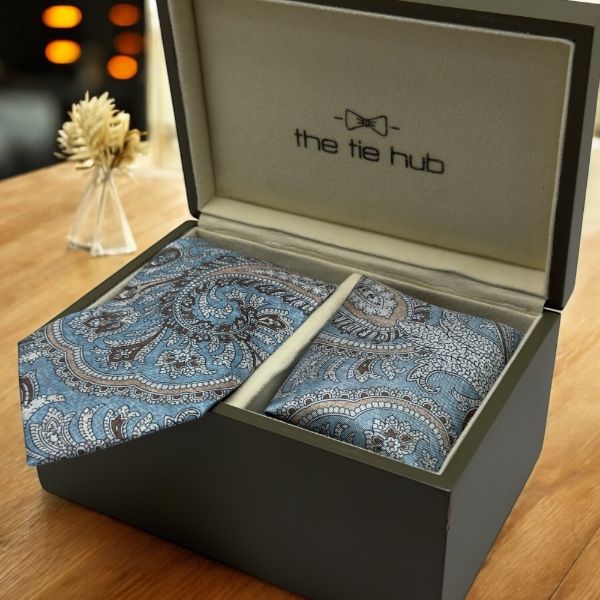 Light Blue Paisley Italian Silk Necktie and Pocket Square Set Gift Set for Men