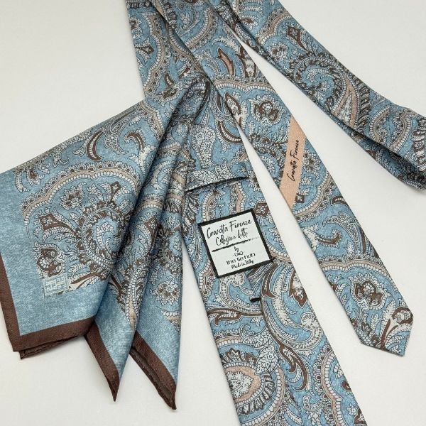 Light Blue Paisley Italian Silk Necktie and Pocket Square Set Gift Set for Men
