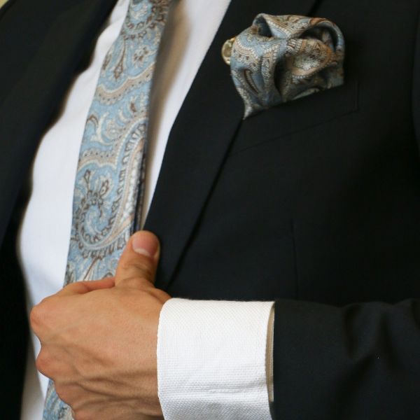 Light Blue Paisley Italian Silk Necktie and Pocket Square Set Gift Set for Men