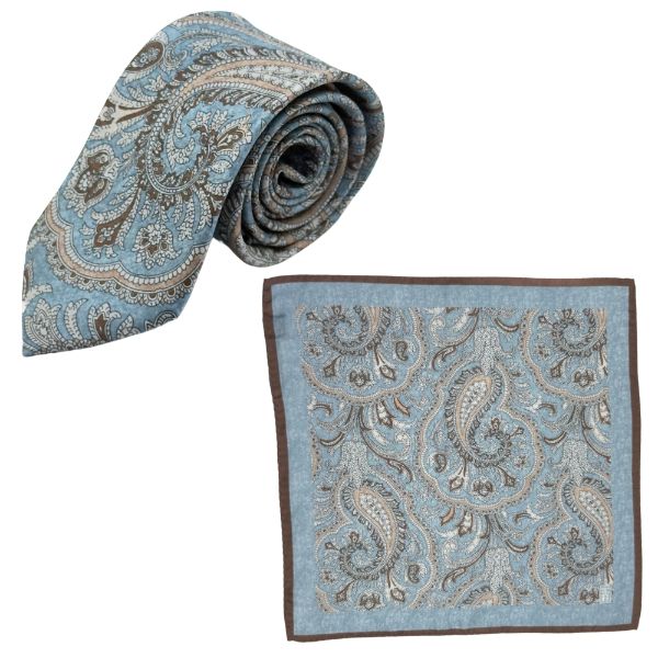 Light Blue Paisley Italian Silk Necktie and Pocket Square Set Gift Set for Men