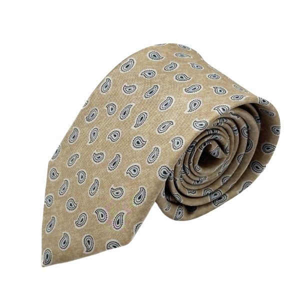 Beige Paisley Italian Silk Necktie and Pocket Square Set Gift Set for Men