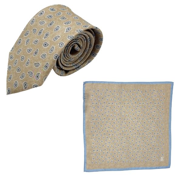 Beige Paisley Italian Silk Necktie and Pocket Square Set Gift Set for Men
