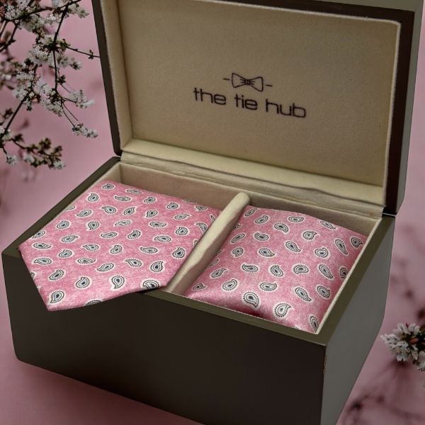 Pink Paisley Italian Silk Necktie and Pocket Square Set Gift Set for Men