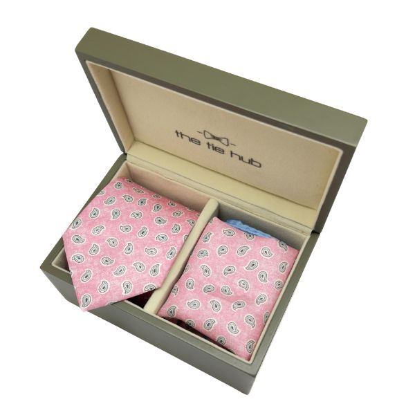Pink Paisley Italian Silk Necktie and Pocket Square Set Gift Set for Men