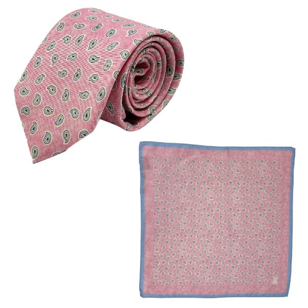 Pink Paisley Italian Silk Necktie and Pocket Square Set Gift Set for Men