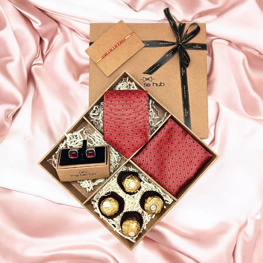 Red Self Dots and Squares Microfiber Gift Set with Chocolate for Men