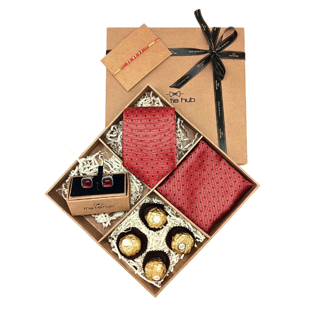 Red Self Dots and Squares Microfiber Gift Set with Chocolate for Men