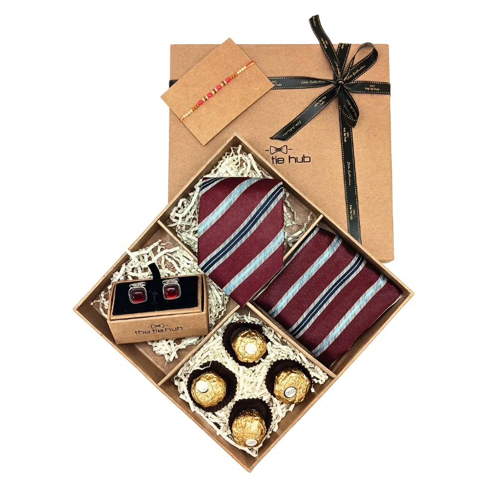 Maroon Striped Microfiber Gift Set with Chocolate for Men