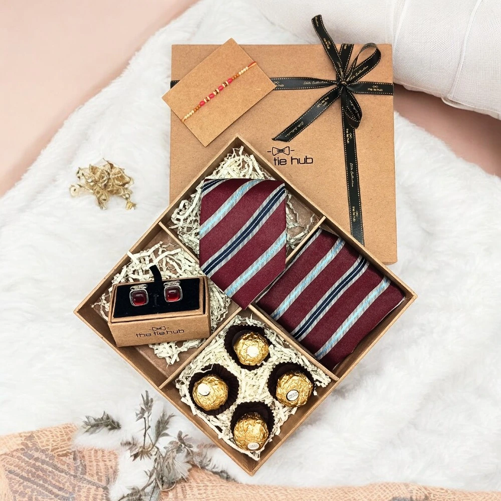Maroon Striped Microfiber Gift Set with Chocolate for Men