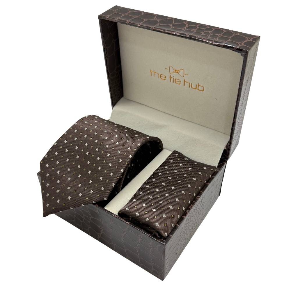 Brown Polka Dot Microfiber Necktie and Pocket Square Gift Set for Men