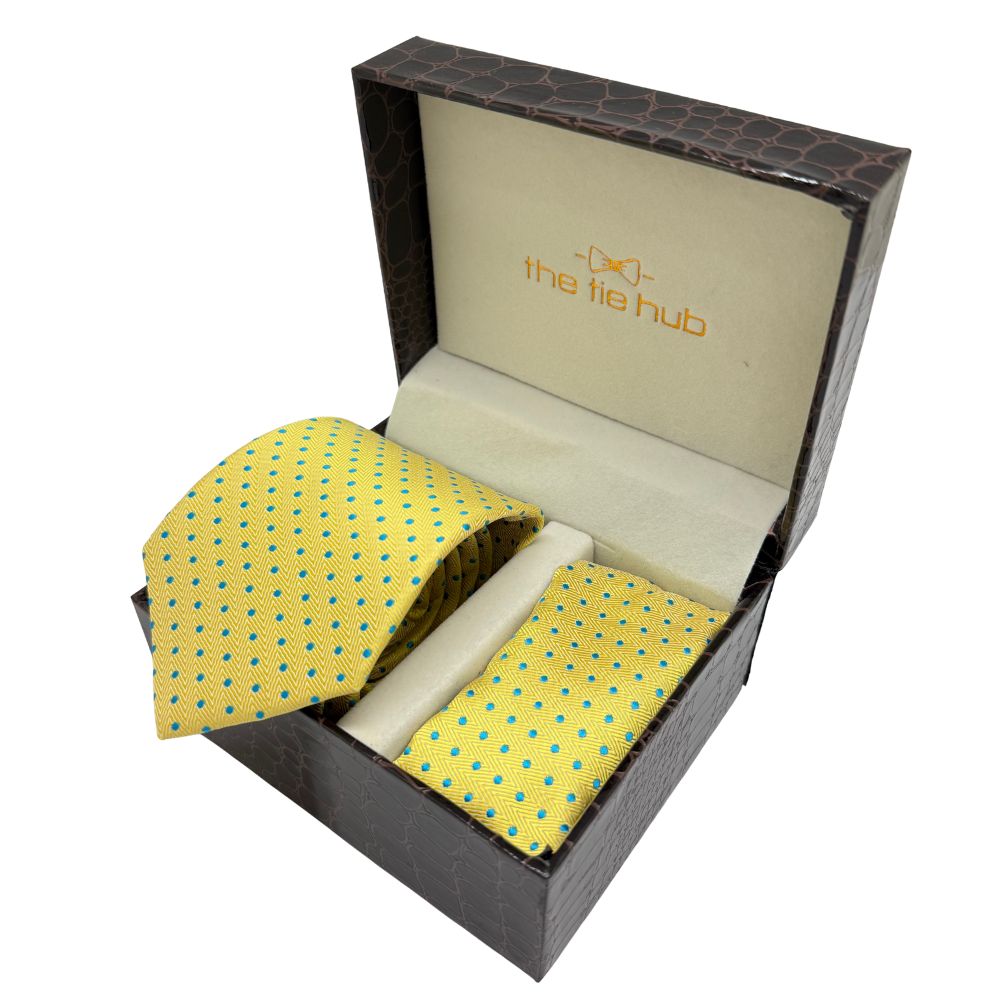 Yellow with Blue Polka Microfiber Necktie and Pocket Square Gift Set for Men