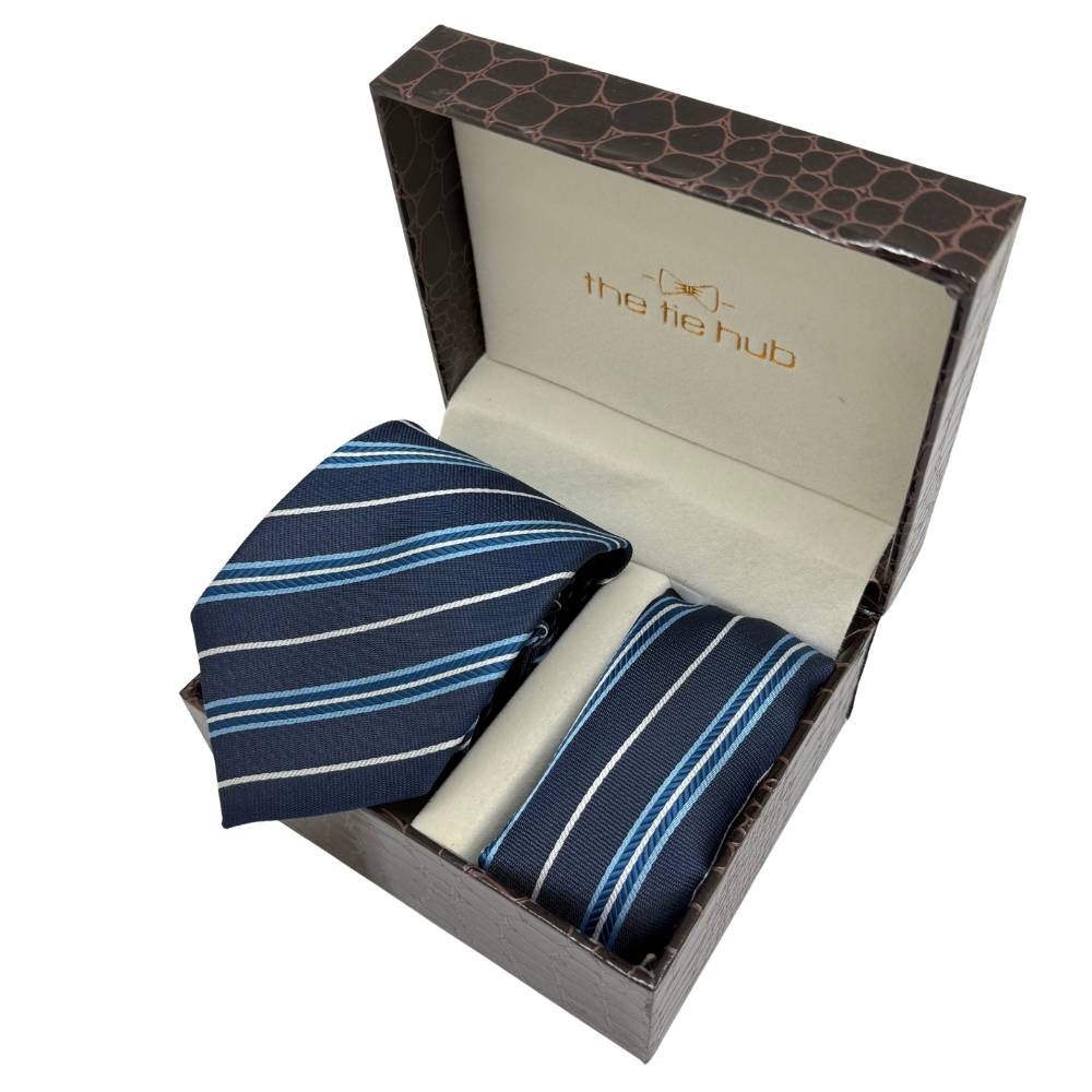Navy Blue with White and Blue Striped Microfiber Necktie and Pocket Square Gift Set for Men