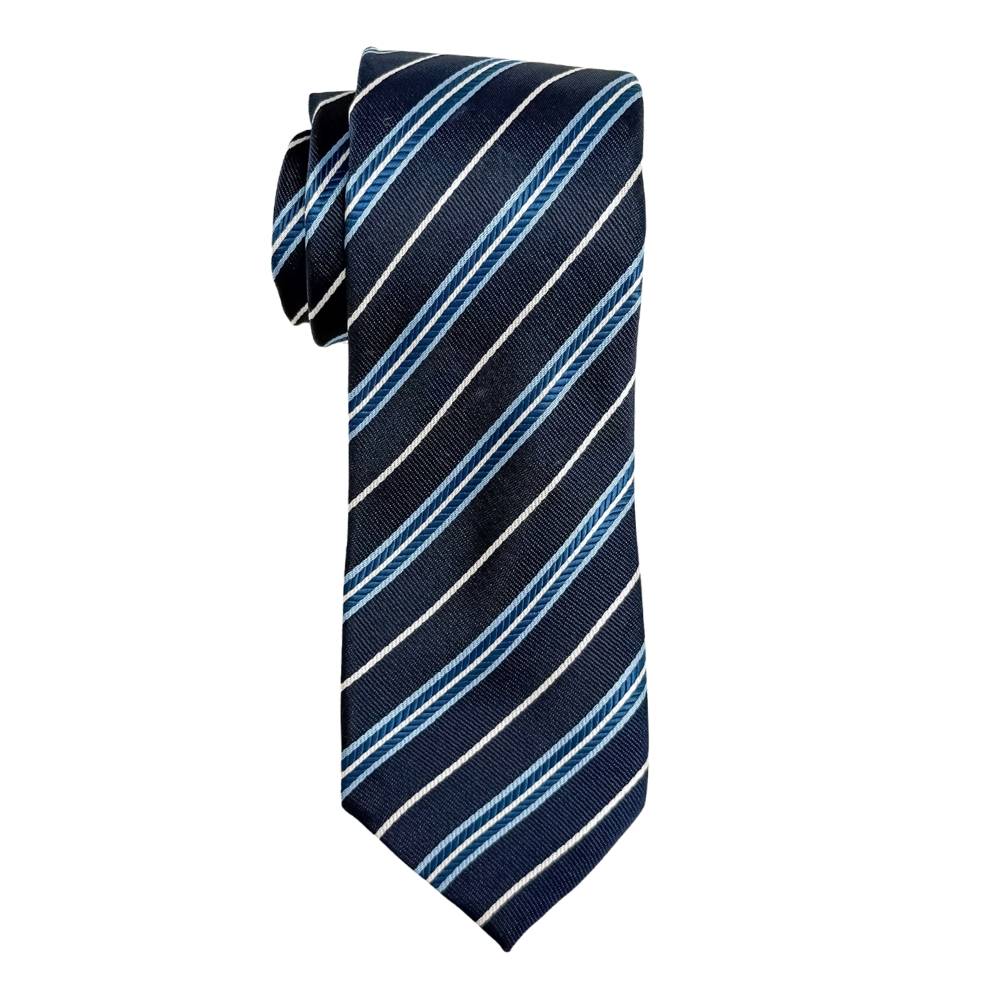 Navy Blue with White and Blue Striped Microfiber Necktie and Pocket Square Gift Set for Men