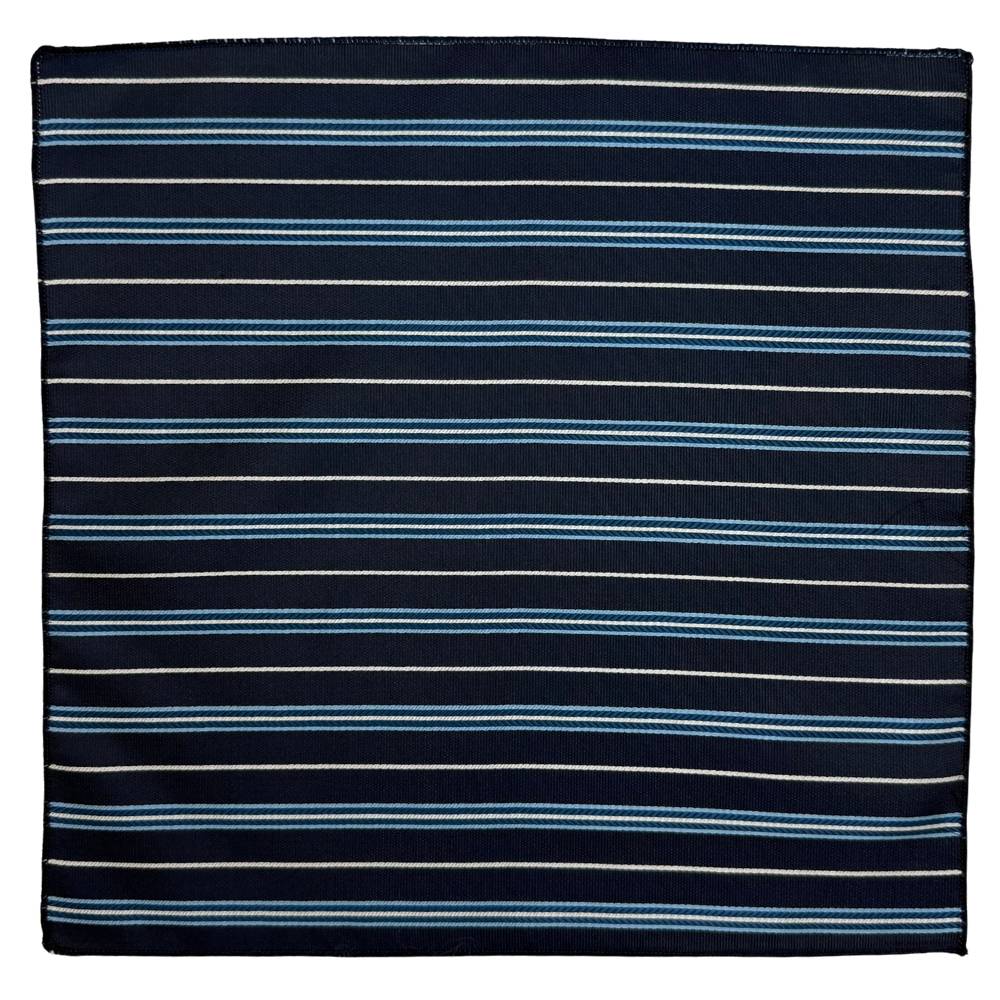 Navy Blue with White and Blue Striped Microfiber Necktie and Pocket Square Gift Set for Men