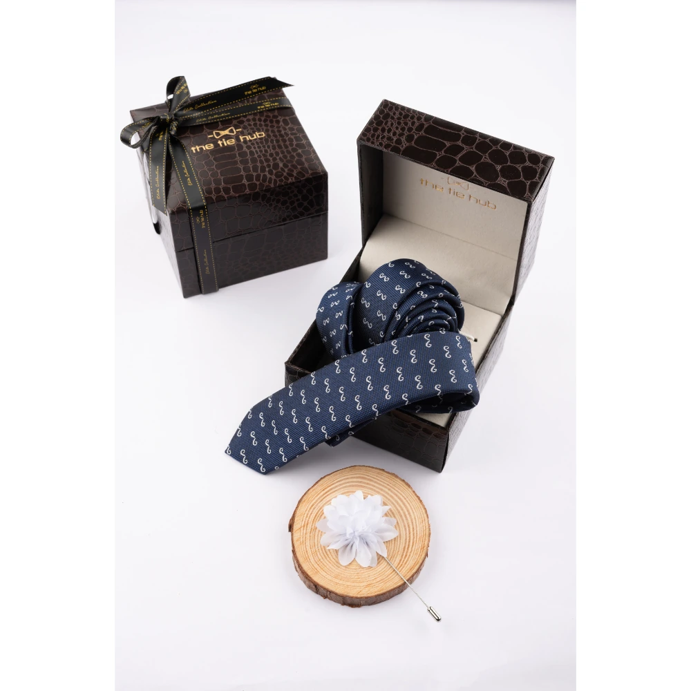 Blue Moustache Necktie with Flower Lapel Pin Combo Set for Men