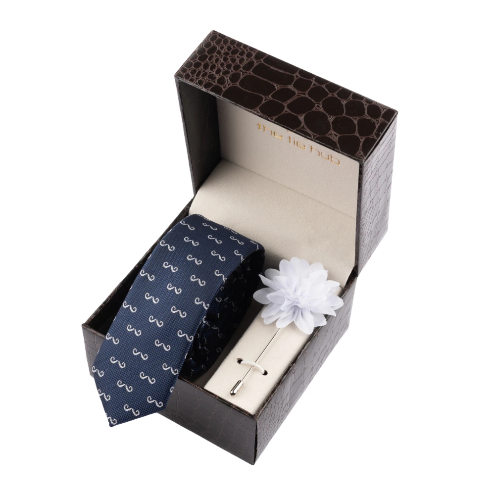 Blue Moustache Necktie with Flower Lapel Pin Combo Set for Men