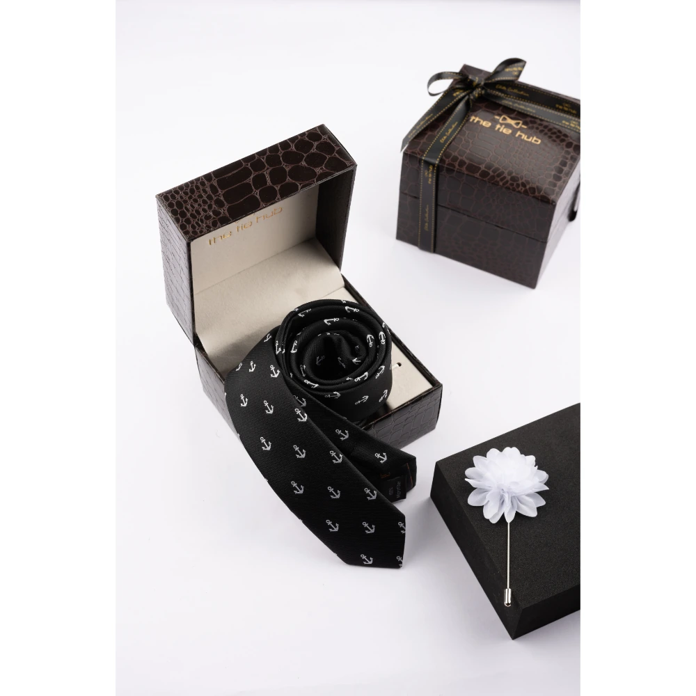 Black Anchor Necktie with Flower Lapel Pin Combo Set for Men