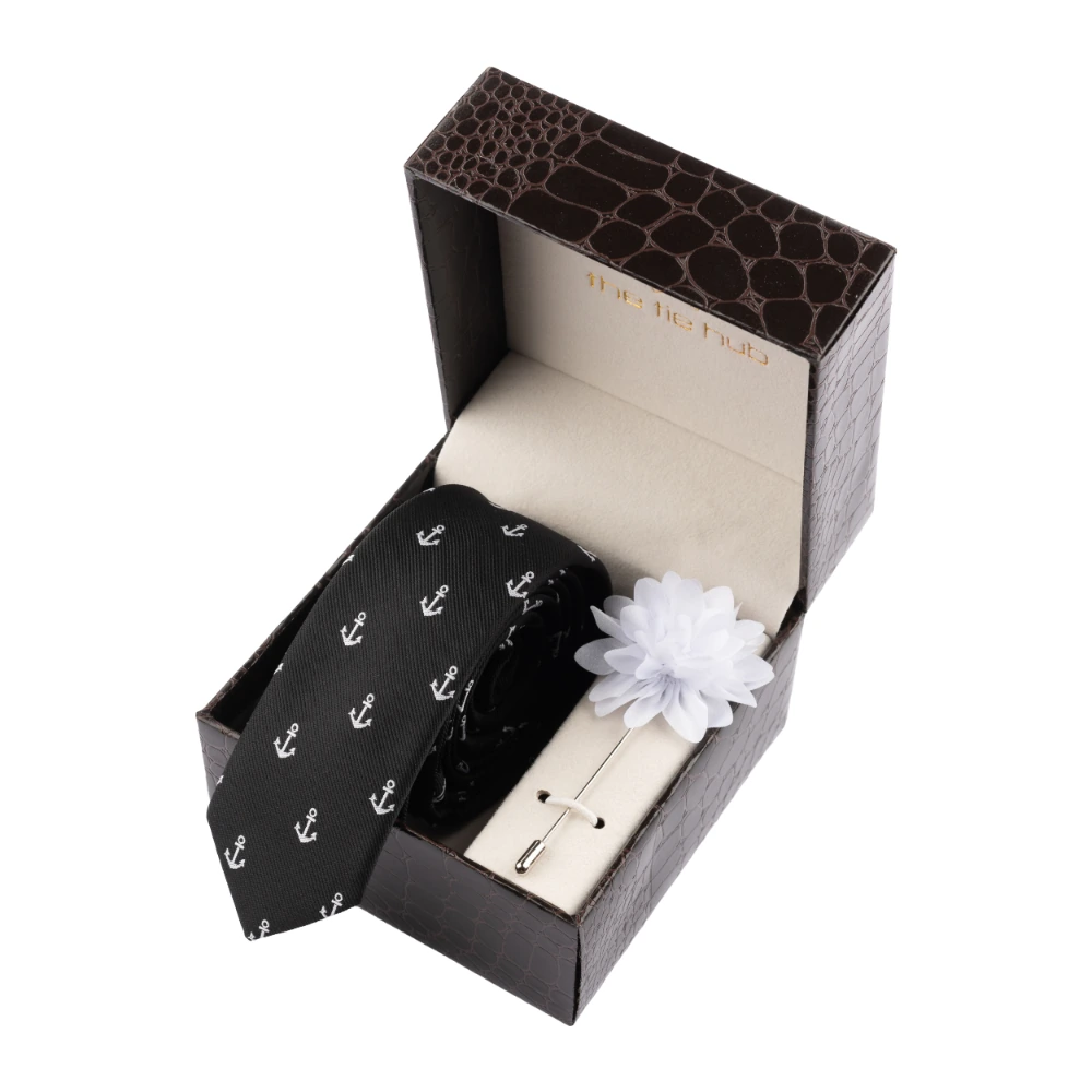Black Anchor Necktie with Flower Lapel Pin Combo Set for Men