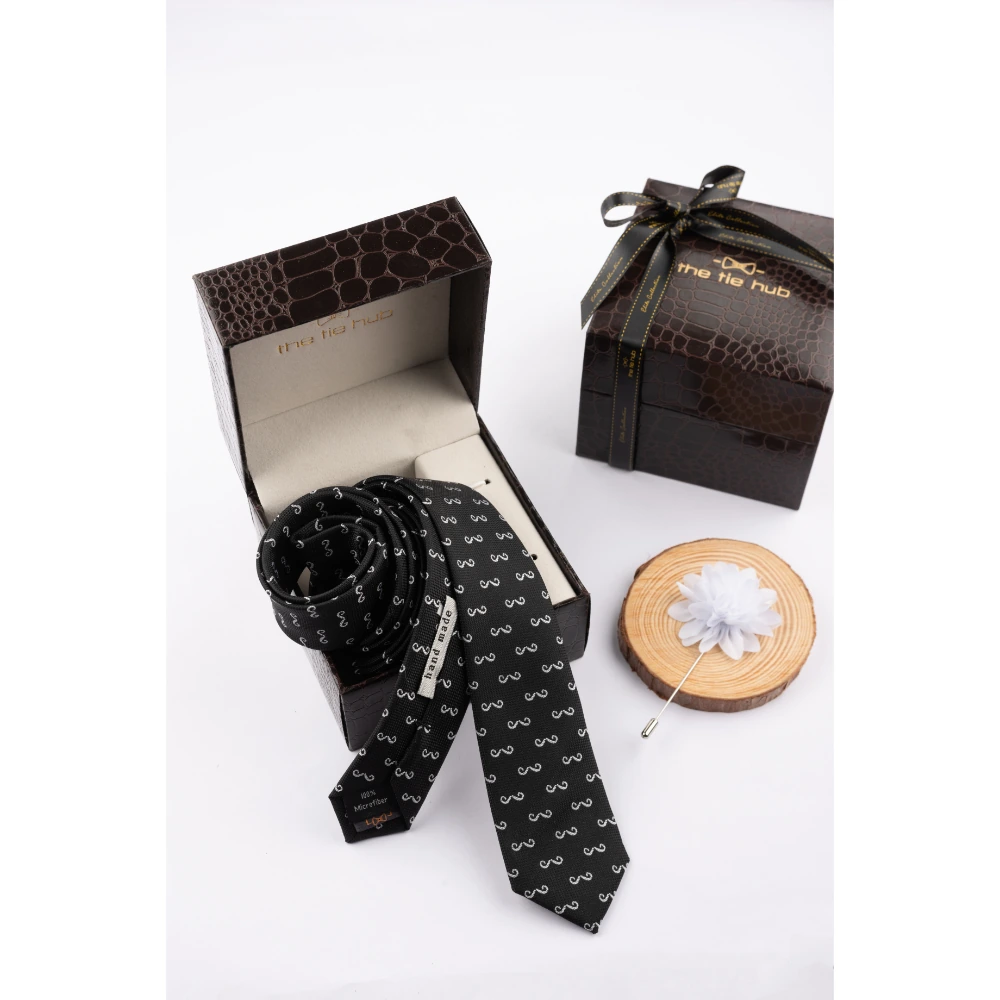 Black Slim Moustache Necktie with Flower Lapel Pin Combo Set for Men