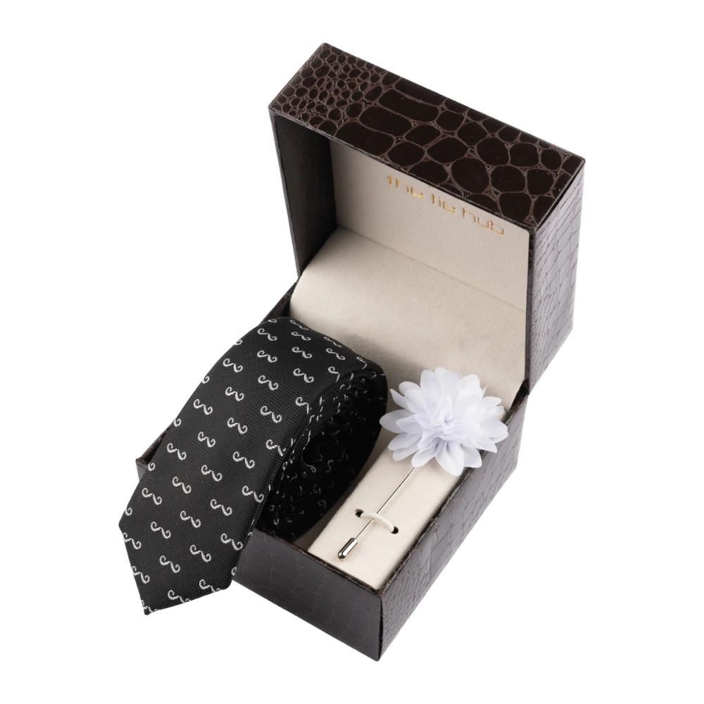 Black Slim Moustache Necktie with Flower Lapel Pin Combo Set for Men