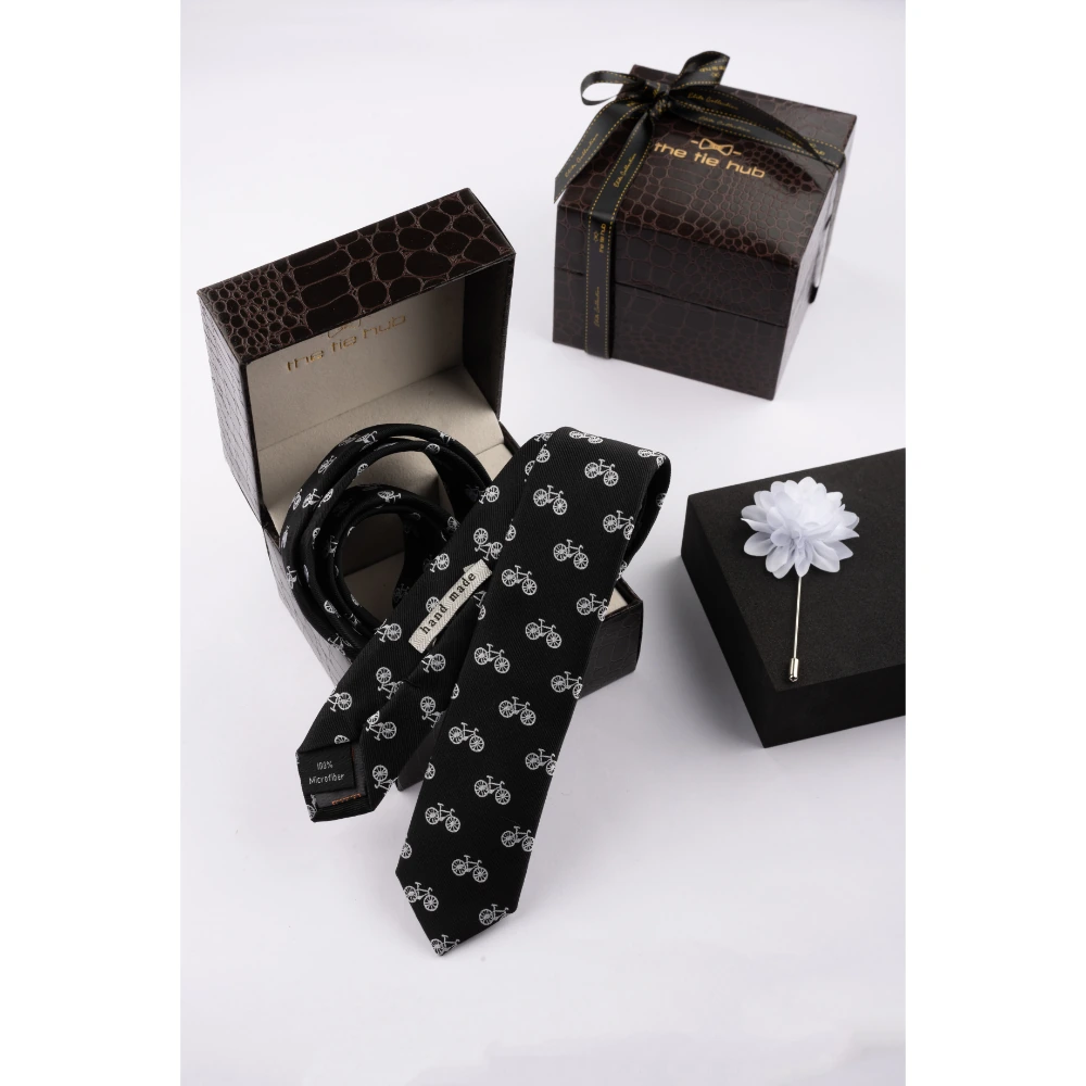 Black Bicycle Necktie with Flower Lapel Pin Combo Set for Men