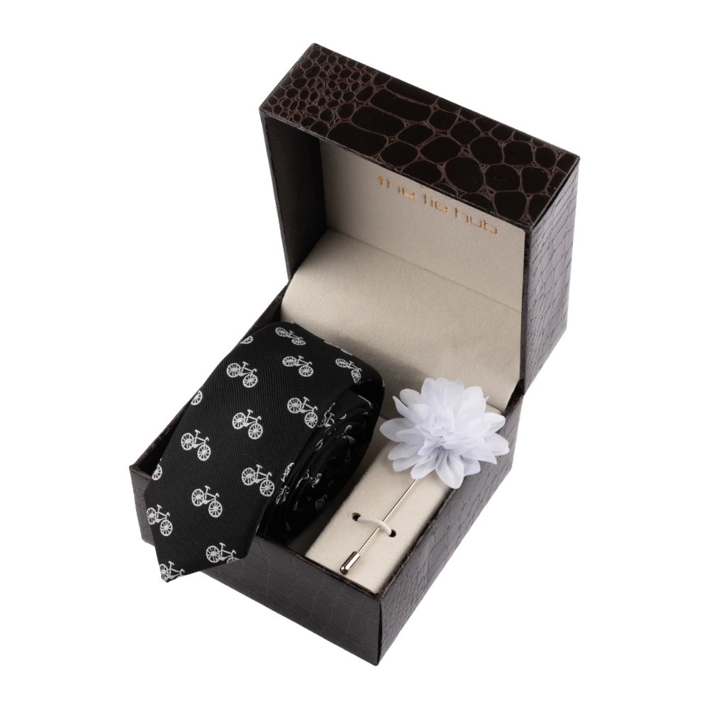 Black Bicycle Necktie with Flower Lapel Pin Combo Set for Men