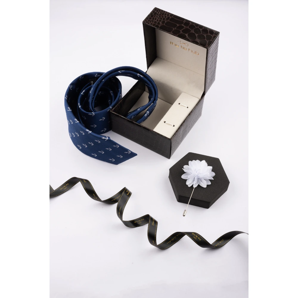 Blue Anchor Necktie with Flower Lapel Pin Combo Set for Men