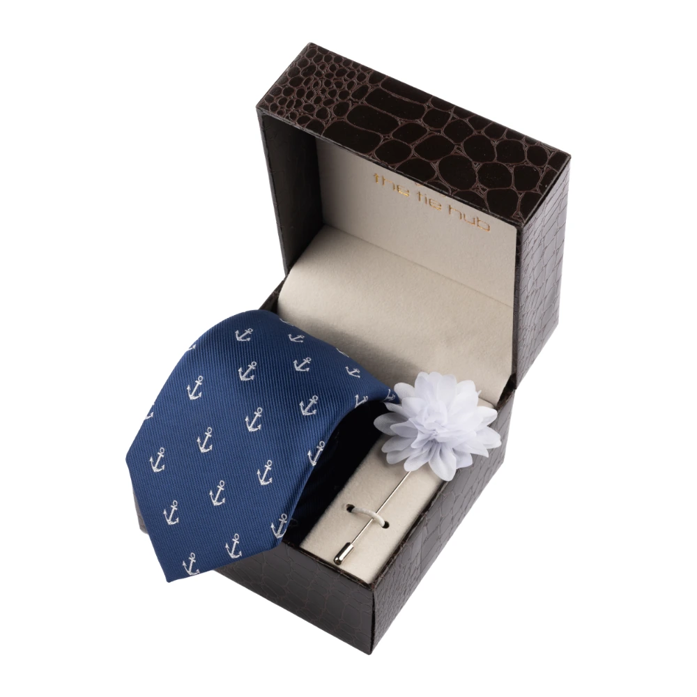 Blue Anchor Necktie with Flower Lapel Pin Combo Set for Men