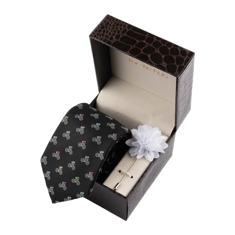 Black Bicycle Necktie with Flower Lapel Pin Combo Set for Men