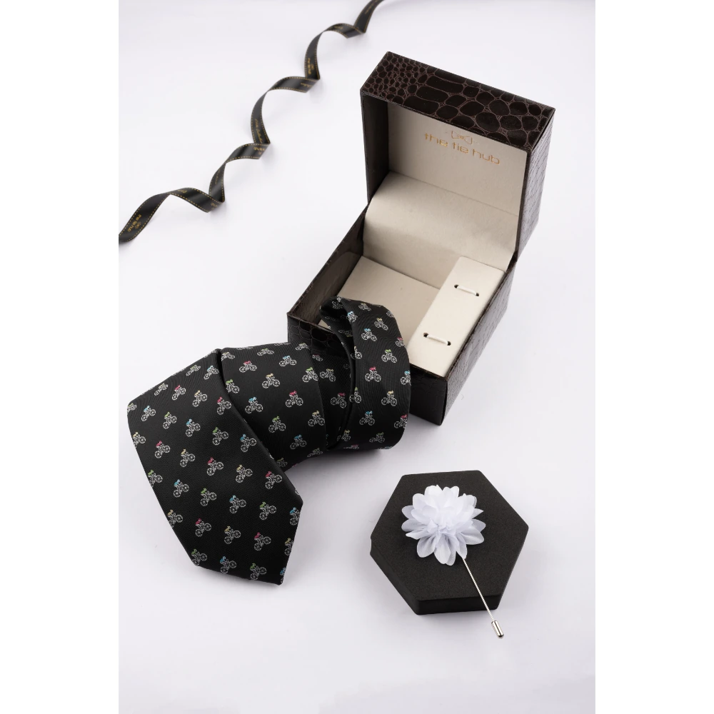 Black Bicycle Necktie with Flower Lapel Pin Combo Set for Men