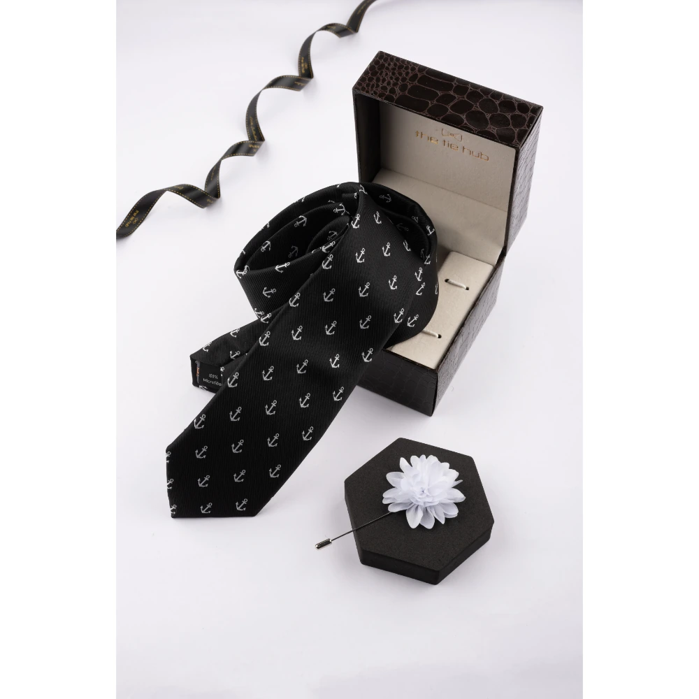 Black Anchor Necktie with Flower Lapel Pin Combo Set for Men