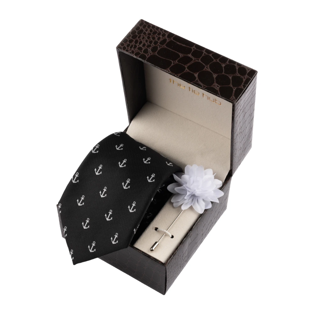 Black Anchor Necktie with Flower Lapel Pin Combo Set for Men