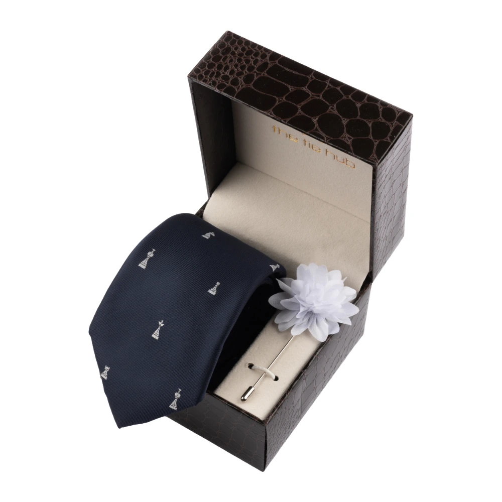 Blue Chess Necktie with Flower Lapel Pin Combo Set for Men