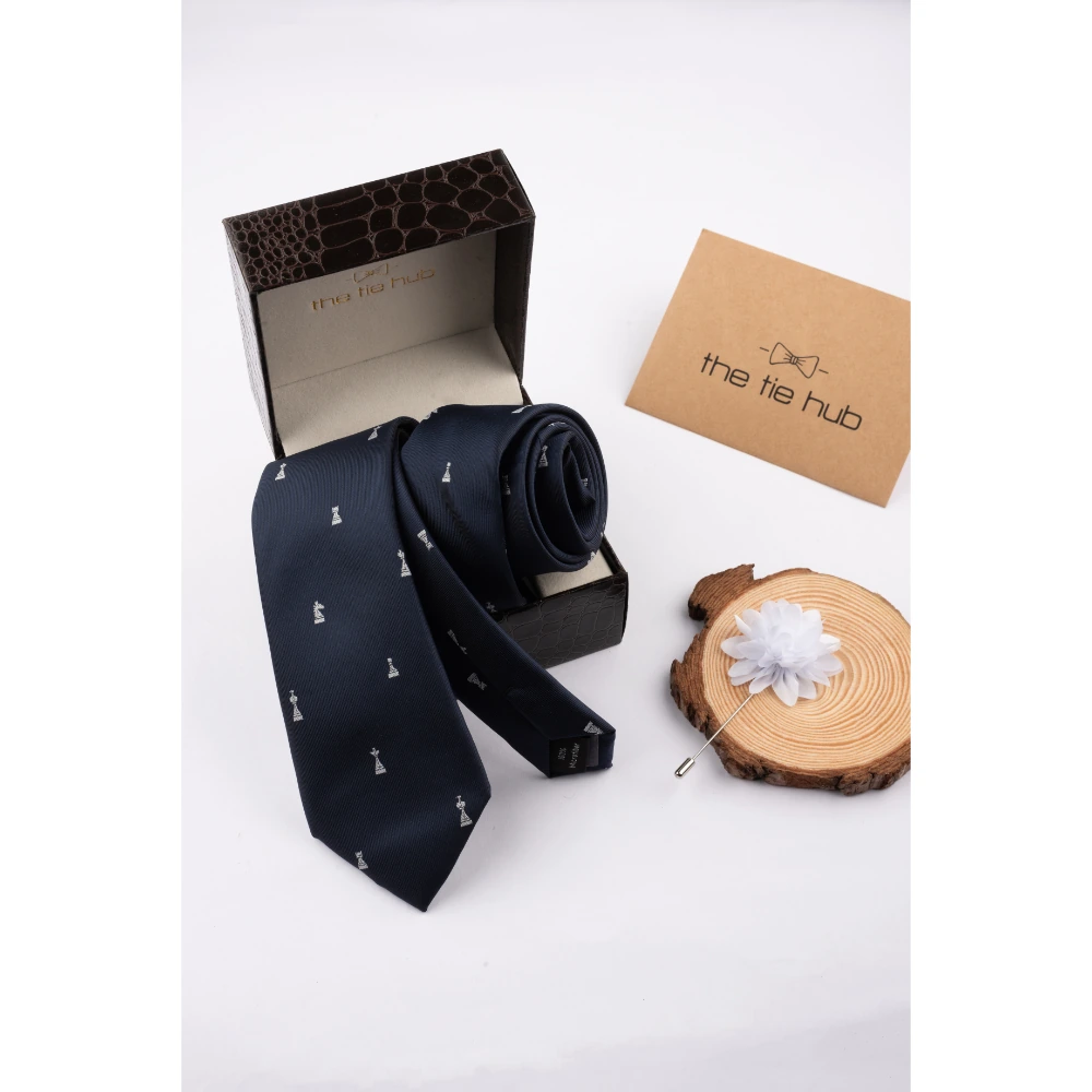 Blue Chess Necktie with Flower Lapel Pin Combo Set for Men