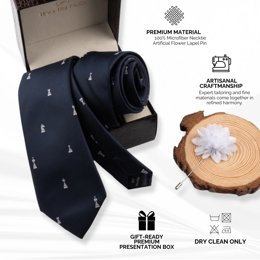 Blue Chess Necktie with Flower Lapel Pin Combo Set for Men