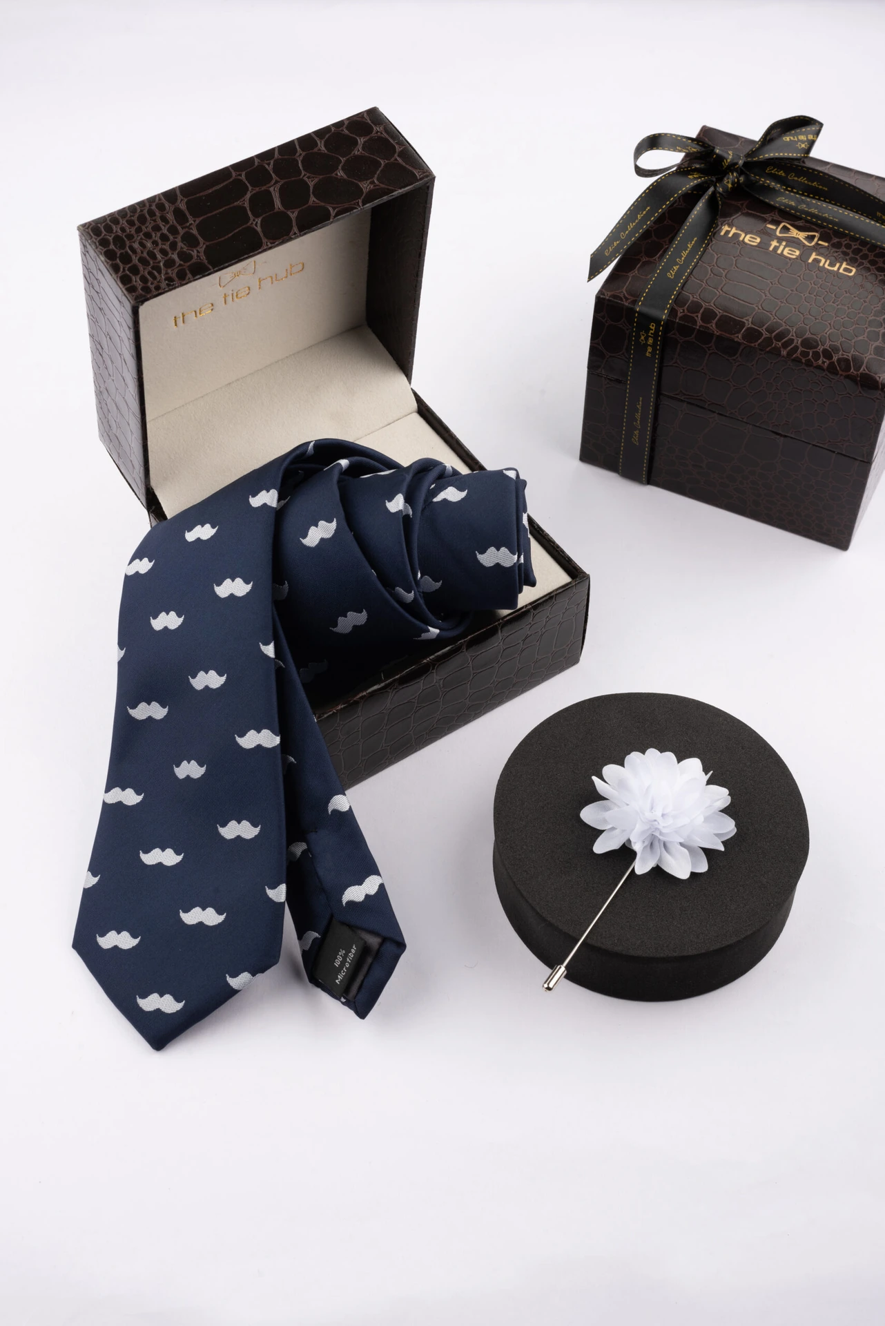 Blue Moustache Necktie with Flower Lapel Pin Combo Set for Men