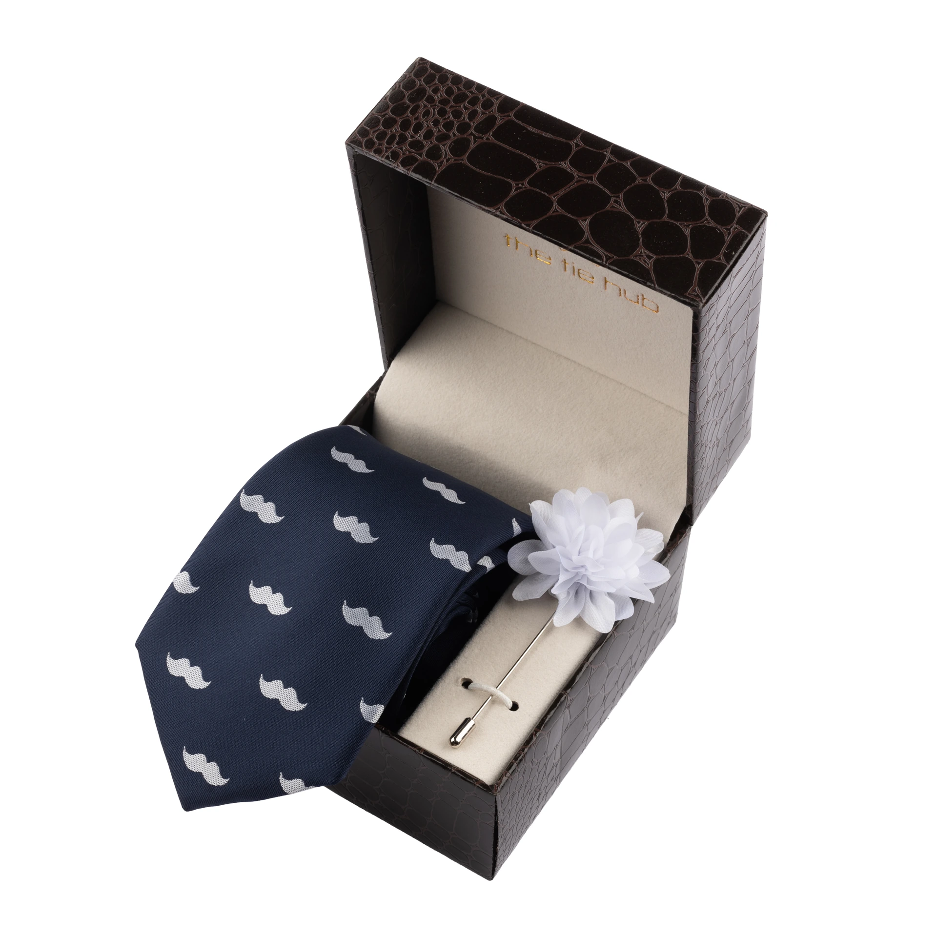 Blue Moustache Necktie with Flower Lapel Pin Combo Set for Men