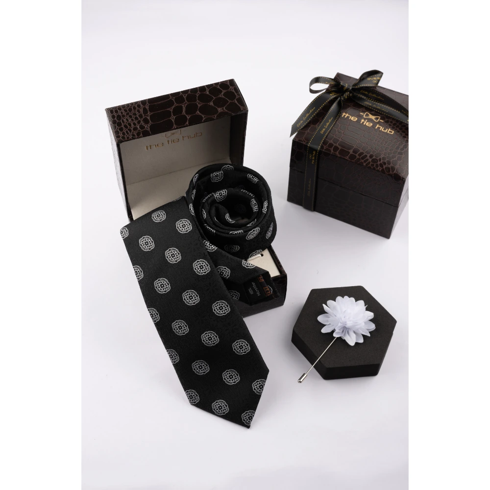Black Delisa Necktie with Flower Lapel Pin Combo Set for Men