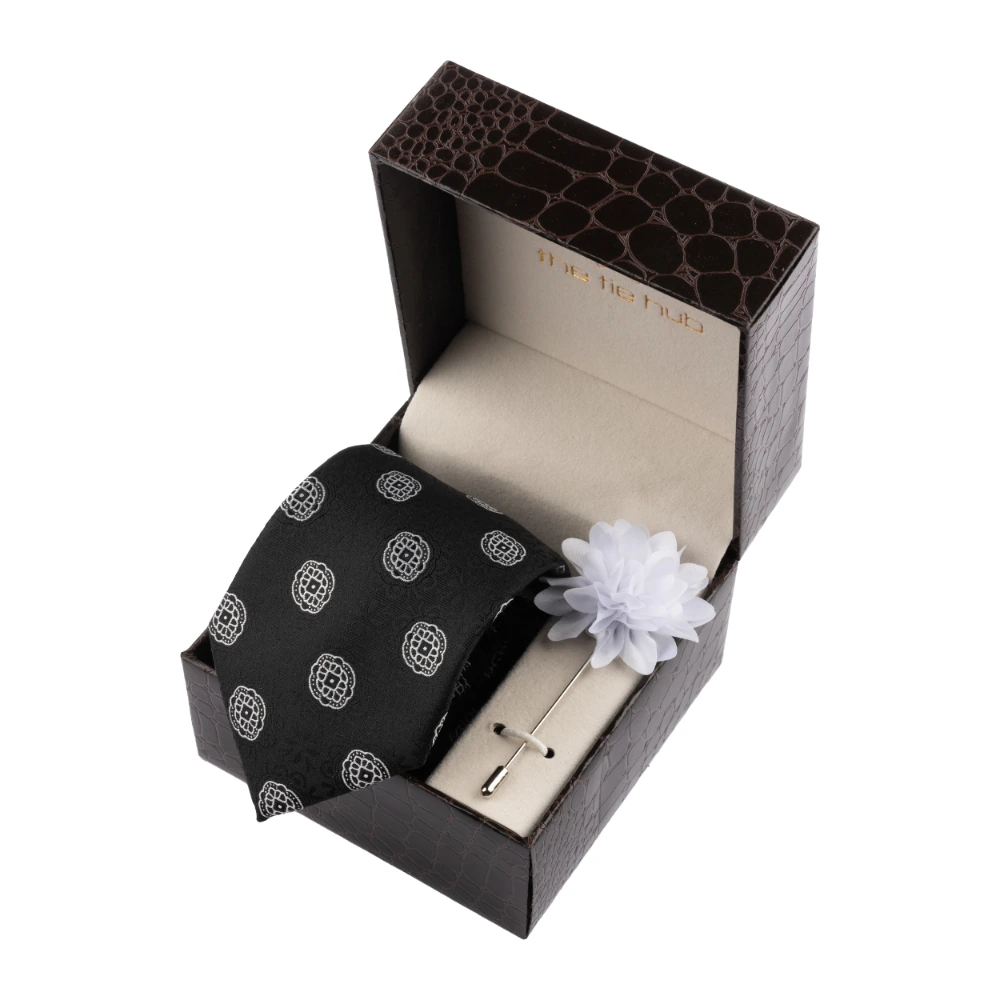 Black Delisa Necktie with Flower Lapel Pin Combo Set for Men